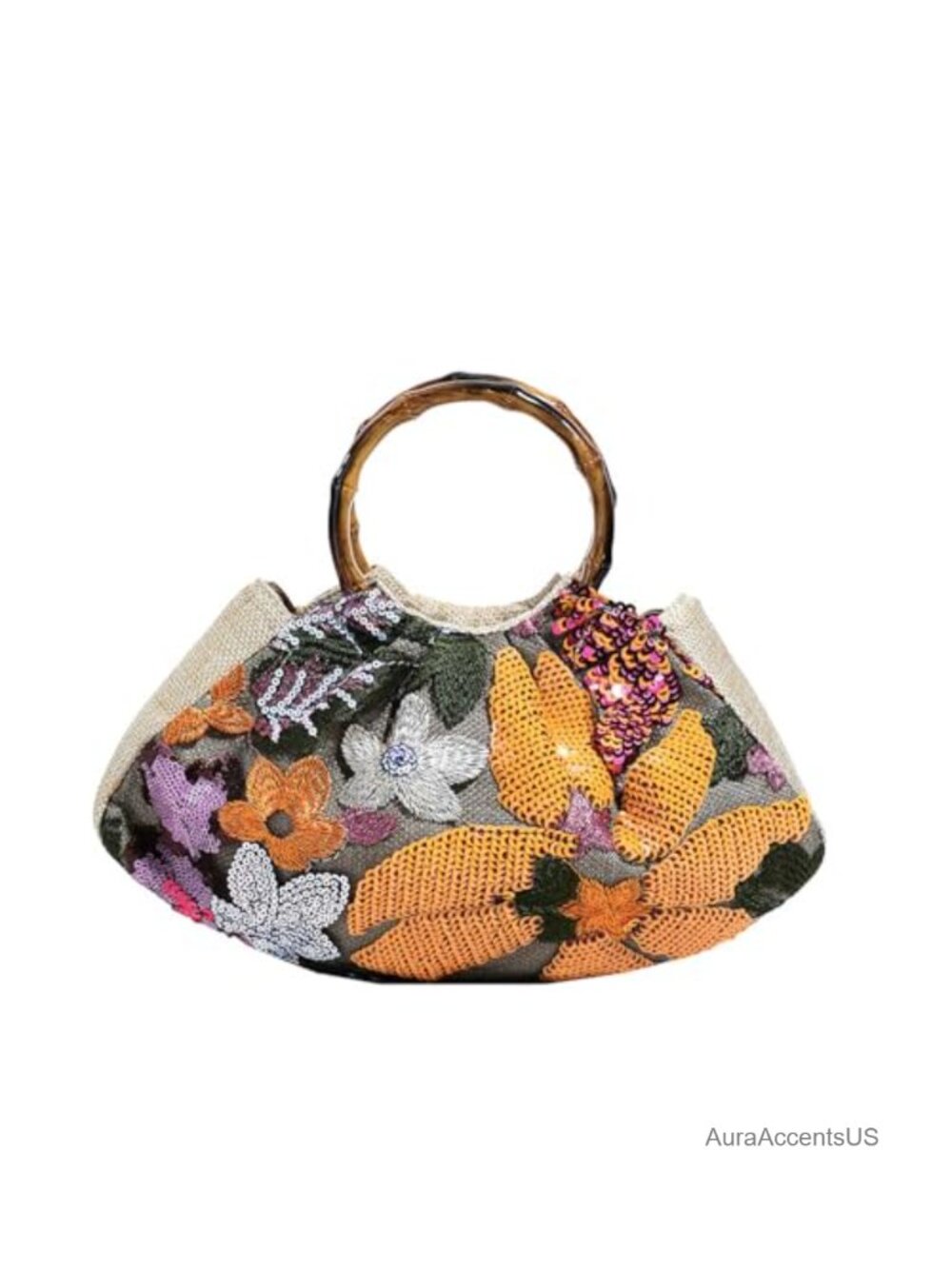 Embroidered Flower Clutch with Bamboo Handle Evening Purse
